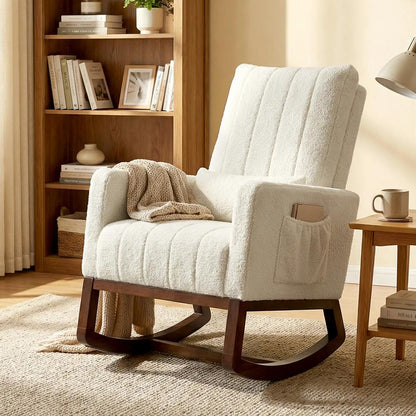 HOMCOM Rocking Chair for Adults, Lounge Rocker Chair with Lumbar Pillow, High Back, Wood Base, Side Pockets, Cream White Additional View 10