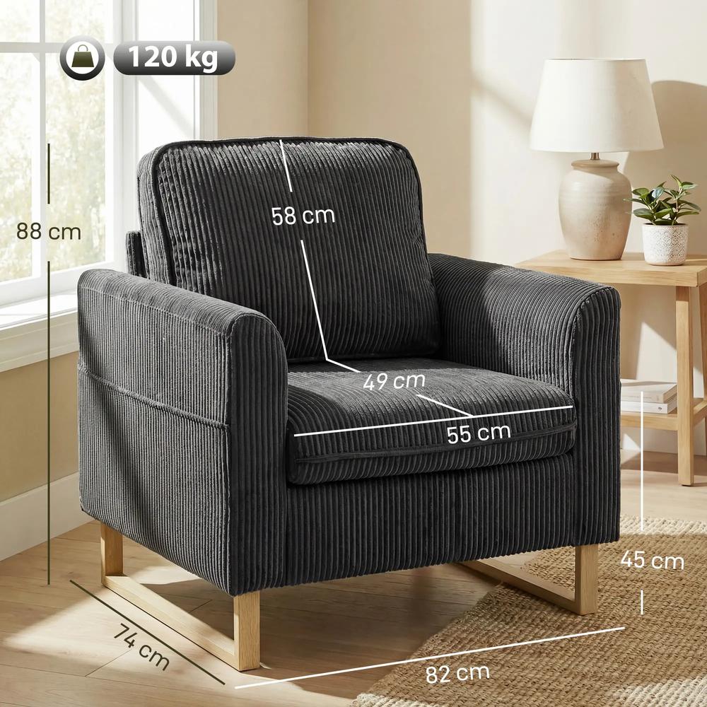 HOMCOM Accent Chair with Pocket Spring, Modern Industrial Armchair with Metal Legs for Livingroom Dark Grey Additional View 3