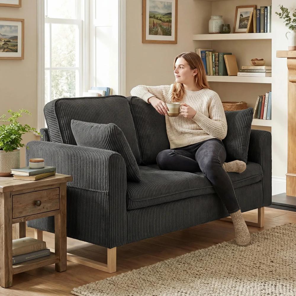 HOMCOM 2 Seater Sofa, 140 cm Loveseat Sofa with Spring Cushions, Metal Legs, 2 Pillows, Dark Grey Additional View 2