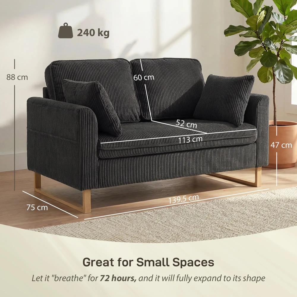 HOMCOM 2 Seater Sofa, 140 cm Loveseat Sofa with Spring Cushions, Metal Legs, 2 Pillows, Dark Grey Additional View 3