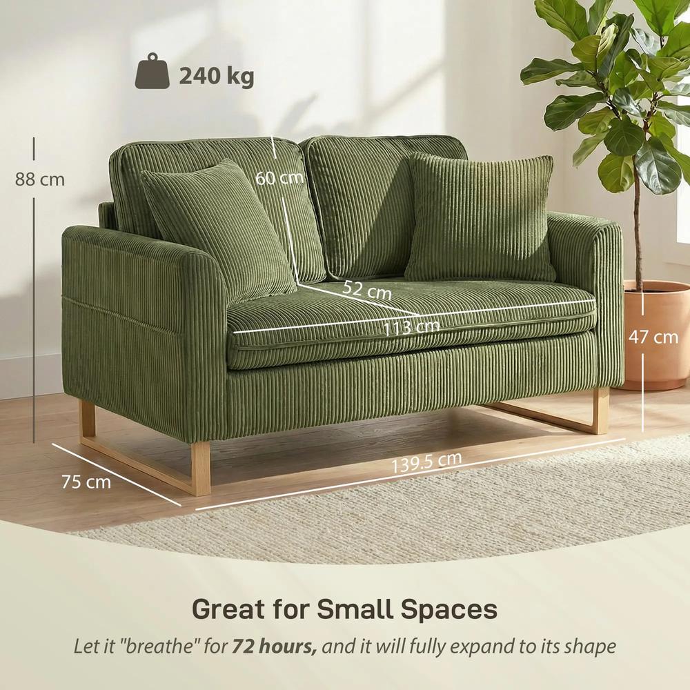 HOMCOM 2 Seater Sofa, 140 cm Loveseat Sofa with Spring Cushions, Metal Legs, 2 Pillows, Dark Green Additional View 3