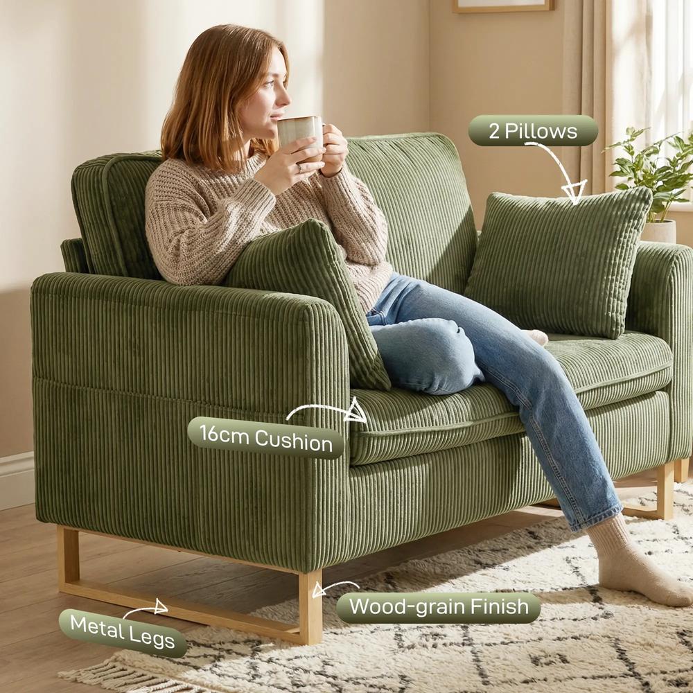 HOMCOM 2 Seater Sofa, 140 cm Loveseat Sofa with Spring Cushions, Metal Legs, 2 Pillows, Dark Green Additional View 5