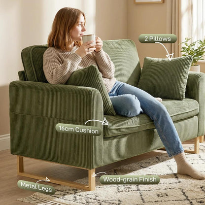 HOMCOM 2 Seater Sofa, 140 cm Loveseat Sofa with Spring Cushions, Metal Legs, 2 Pillows, Dark Green Additional View 5