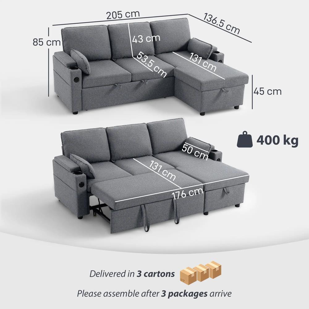 HOMCOM Corner Sofa Bed, L Shaped Sleeper Sectional Sofa with Reversible Storage Chaise Additional View 3