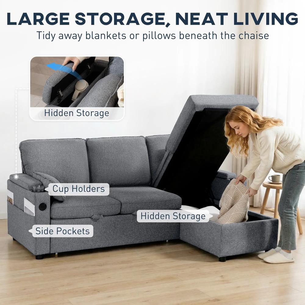 HOMCOM Corner Sofa Bed, L Shaped Sleeper Sectional Sofa with Reversible Storage Chaise Additional View 7