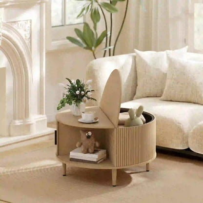 HOMCOM Coffee Table with Lift Top and Hidden Storage, Round Centre Table with Fluted Sliding Door, 80 cm Additional View 17
