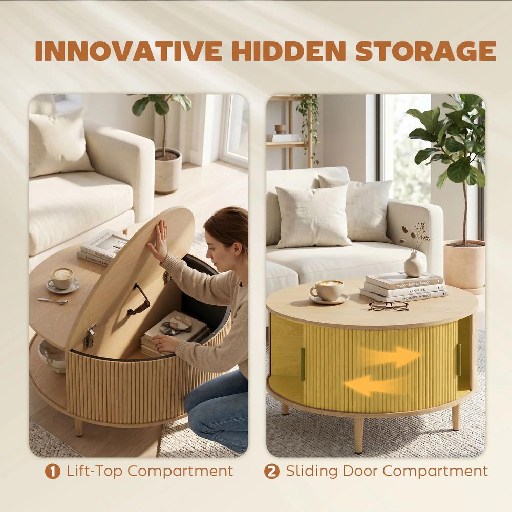 HOMCOM Coffee Table with Lift Top and Hidden Storage, Round Centre Table with Fluted Sliding Door, 80 cm Additional View 19
