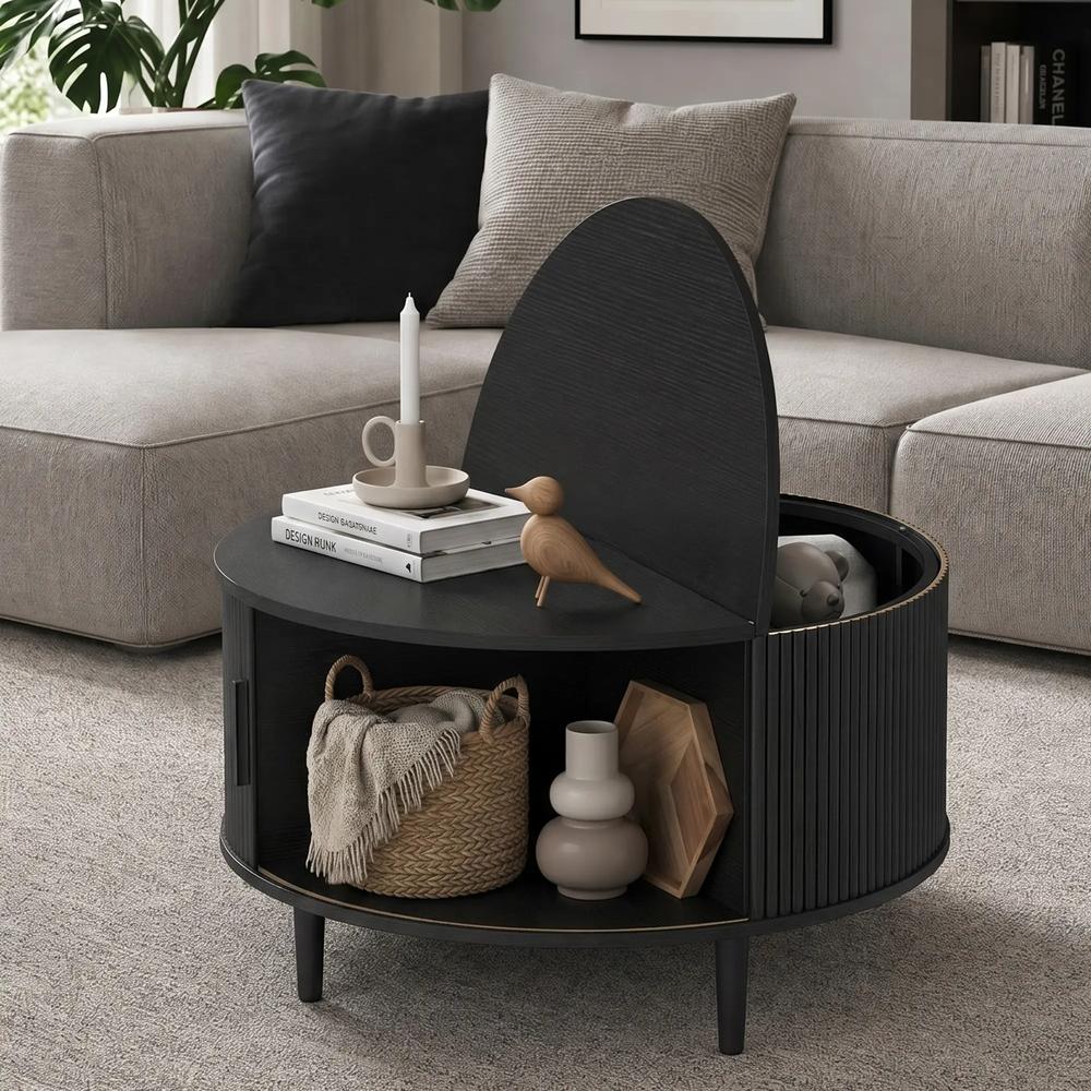 HOMCOM Coffee Table with Lift Top and Hidden Storage, Round Centre Table with Fluted Sliding Door, 80 cm Additional View 2
