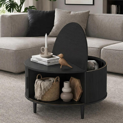 HOMCOM Coffee Table with Lift Top and Hidden Storage, Round Centre Table with Fluted Sliding Door, 80 cm Additional View 2