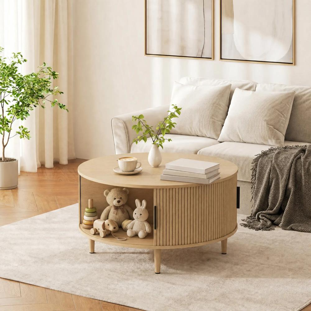 HOMCOM Coffee Table with Lift Top and Hidden Storage, Round Centre Table with Fluted Sliding Door, 80 cm Additional View 22
