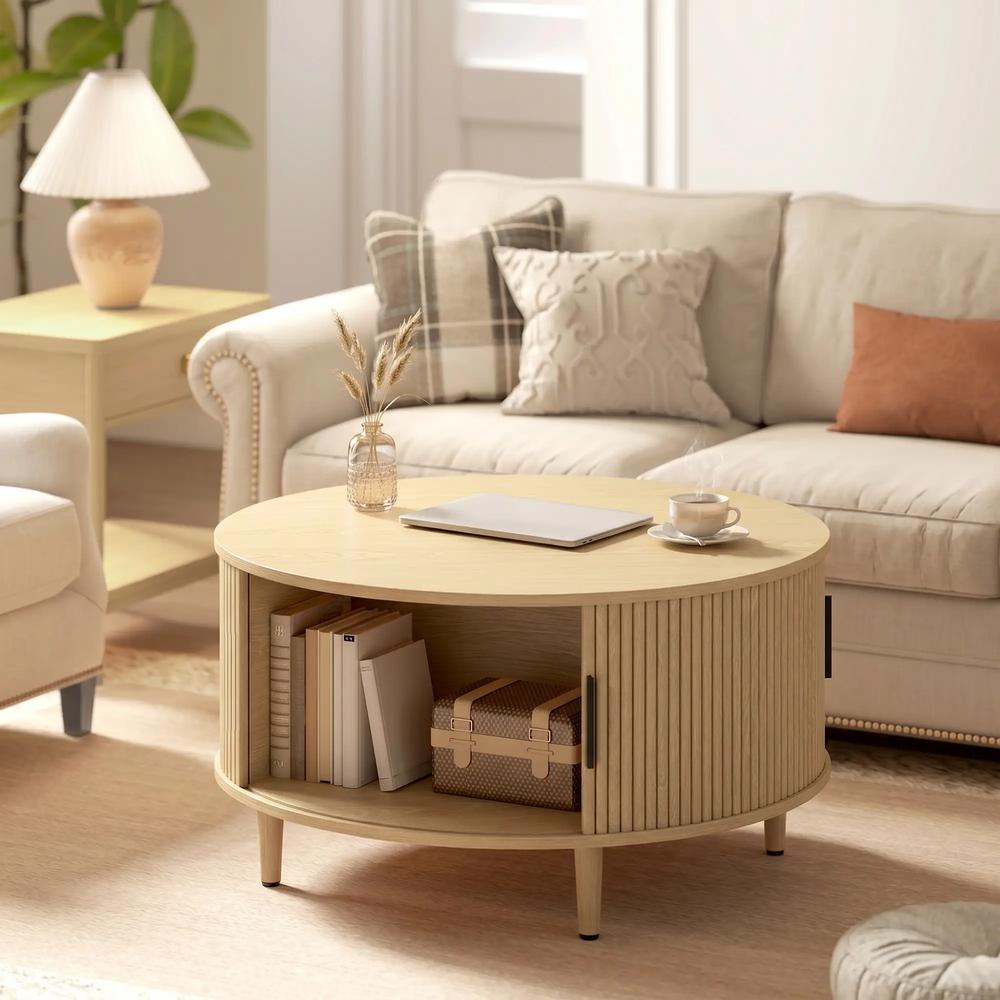 HOMCOM Coffee Table with Lift Top and Hidden Storage, Round Centre Table with Fluted Sliding Door, 80 cm Additional View 23