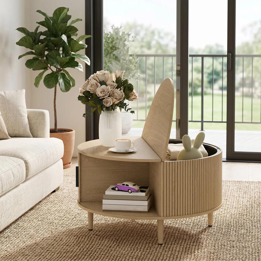 HOMCOM Coffee Table with Lift Top and Hidden Storage, Round Centre Table with Fluted Sliding Door, 80 cm Additional View 28