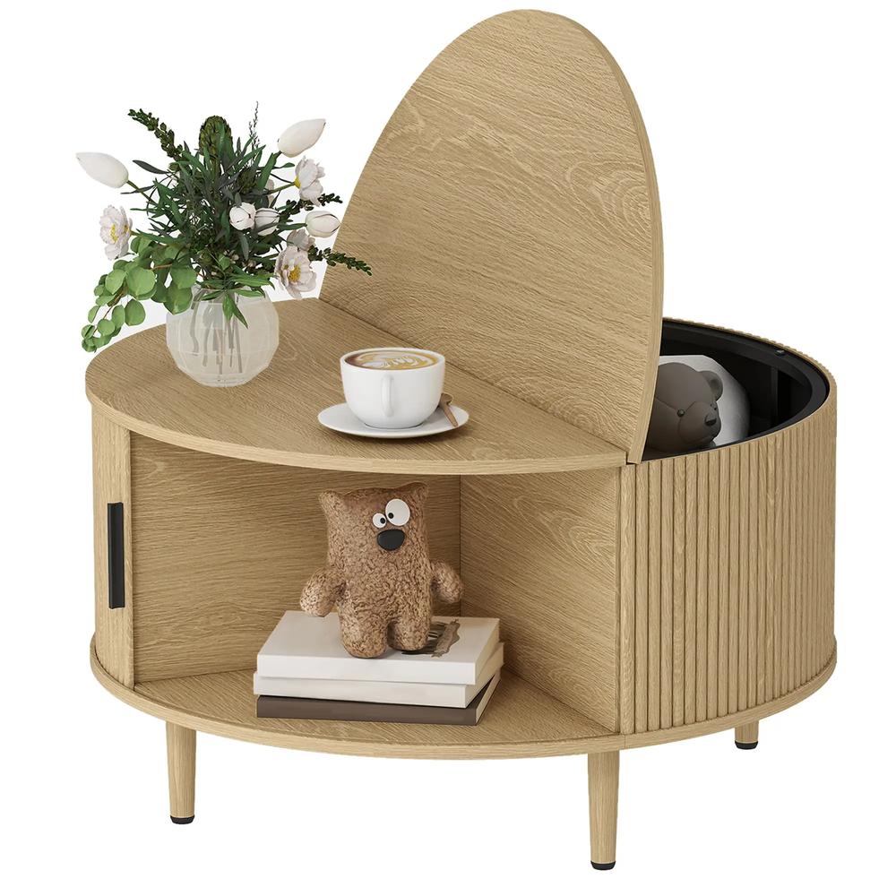 HOMCOM Coffee Table with Lift Top and Hidden Storage, Round Centre Table with Fluted Sliding Door, 80 cm Additional View 29