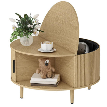 HOMCOM Coffee Table with Lift Top and Hidden Storage, Round Centre Table with Fluted Sliding Door, 80 cm Additional View 29