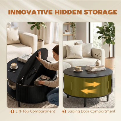 HOMCOM Coffee Table with Lift Top and Hidden Storage, Round Centre Table with Fluted Sliding Door, 80 cm Additional View 4