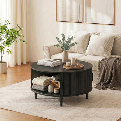 HOMCOM Coffee Table with Lift Top and Hidden Storage, Round Centre Table with Fluted Sliding Door, 80 cm Additional View 8
