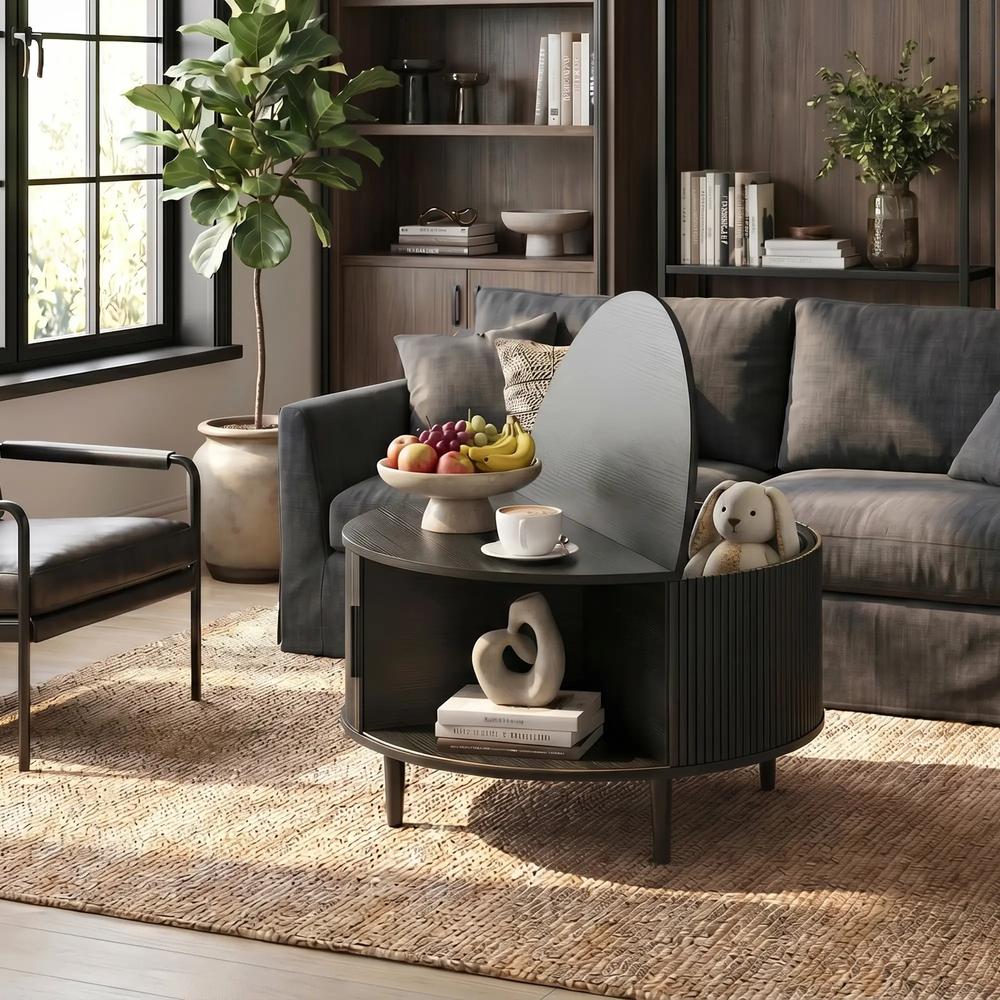 HOMCOM Coffee Table with Lift Top and Hidden Storage, Round Centre Table with Fluted Sliding Door, 80 cm Additional View 9
