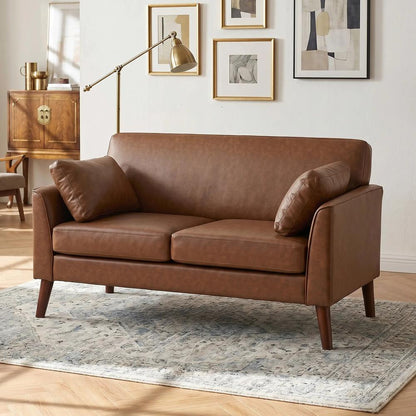 HOMCOM 2 Seater Sofa, 132 cm Modern Small Sofa with Solid Wood Legs and 2 Pillows for Small Space, Brown Additional View 13