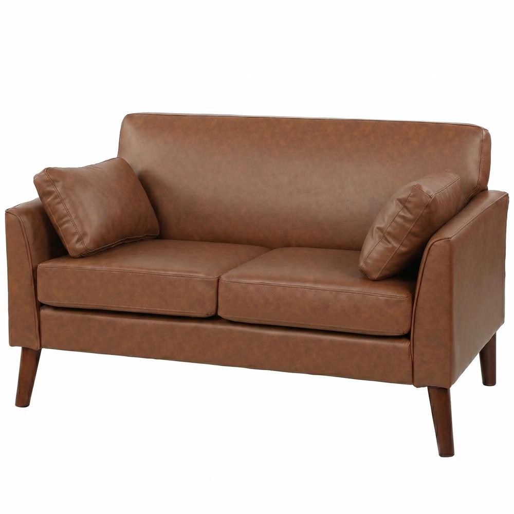 HOMCOM 2 Seater Sofa, 132 cm Modern Small Sofa with Solid Wood Legs and 2 Pillows for Small Space, Brown Additional View 14