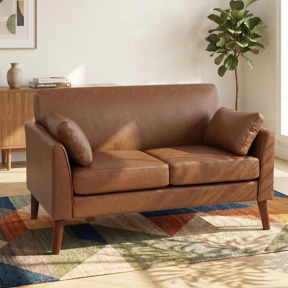 HOMCOM 2 Seater Sofa, 132 cm Modern Small Sofa with Solid Wood Legs and 2 Pillows for Small Space, Brown Additional View 2
