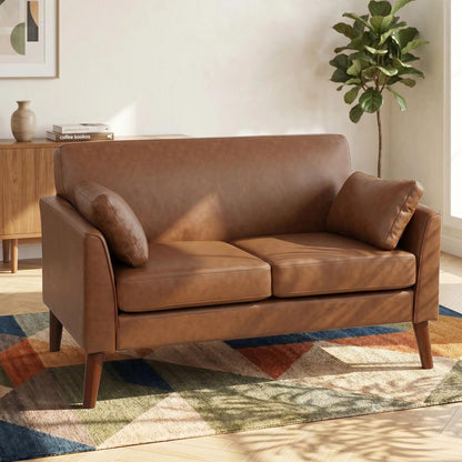 HOMCOM 2 Seater Sofa, 132 cm Modern Small Sofa with Solid Wood Legs and 2 Pillows for Small Space, Brown Additional View 2
