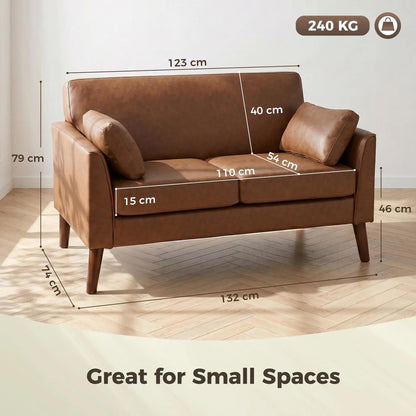 HOMCOM 2 Seater Sofa, 132 cm Modern Small Sofa with Solid Wood Legs and 2 Pillows for Small Space, Brown Additional View 3