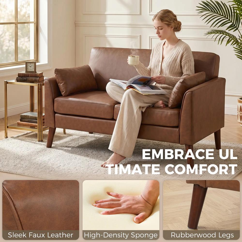 HOMCOM 2 Seater Sofa, 132 cm Modern Small Sofa with Solid Wood Legs and 2 Pillows for Small Space, Brown Additional View 4