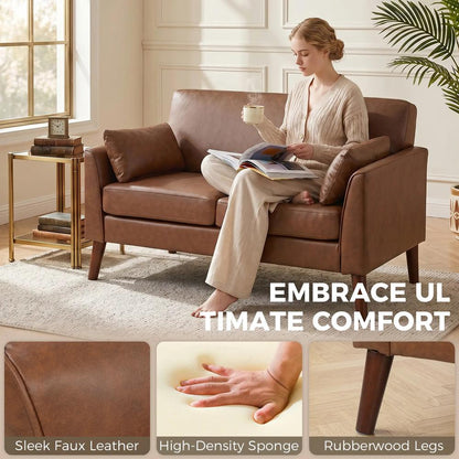 HOMCOM 2 Seater Sofa, 132 cm Modern Small Sofa with Solid Wood Legs and 2 Pillows for Small Space, Brown Additional View 4