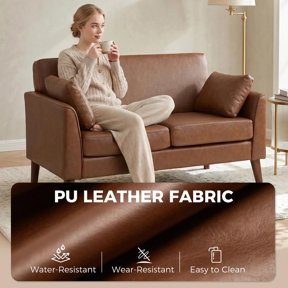 HOMCOM 2 Seater Sofa, 132 cm Modern Small Sofa with Solid Wood Legs and 2 Pillows for Small Space, Brown Additional View 5