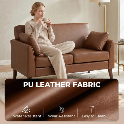 HOMCOM 2 Seater Sofa, 132 cm Modern Small Sofa with Solid Wood Legs and 2 Pillows for Small Space, Brown Additional View 5