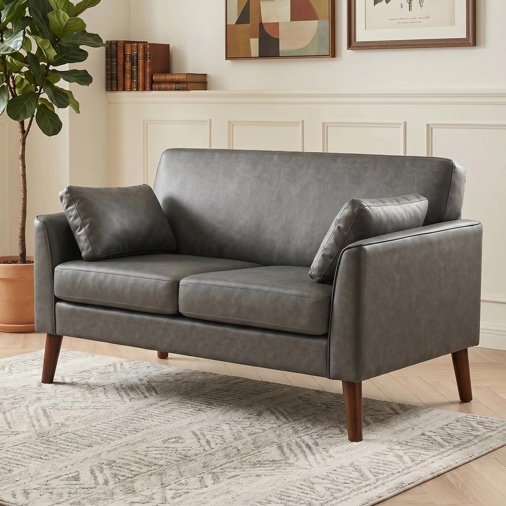 HOMCOM 2 Seater Sofa, 132 cm Modern Small Sofa with Solid Wood Legs and 2 Pillows for Small Space, Grey Additional View 13