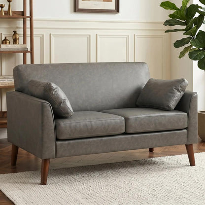 HOMCOM 2 Seater Sofa, 132 cm Modern Small Sofa with Solid Wood Legs and 2 Pillows for Small Space, Grey Additional View 2