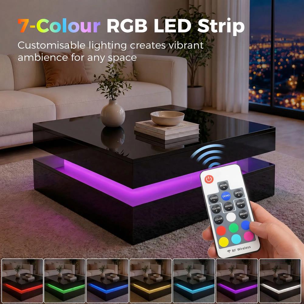 HOMCOM LED Coffee Table with Storage, 2-Tier Modern Centre Table with Open Shelf and Remote for Living Room Additional View 19