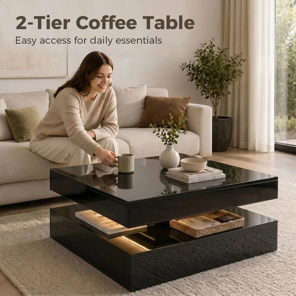 HOMCOM LED Coffee Table with Storage, 2-Tier Modern Centre Table with Open Shelf and Remote for Living Room Additional View 21