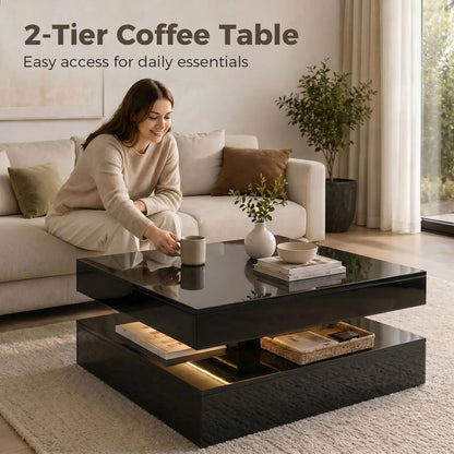 HOMCOM LED Coffee Table with Storage, 2-Tier Modern Centre Table with Open Shelf and Remote for Living Room Additional View 21