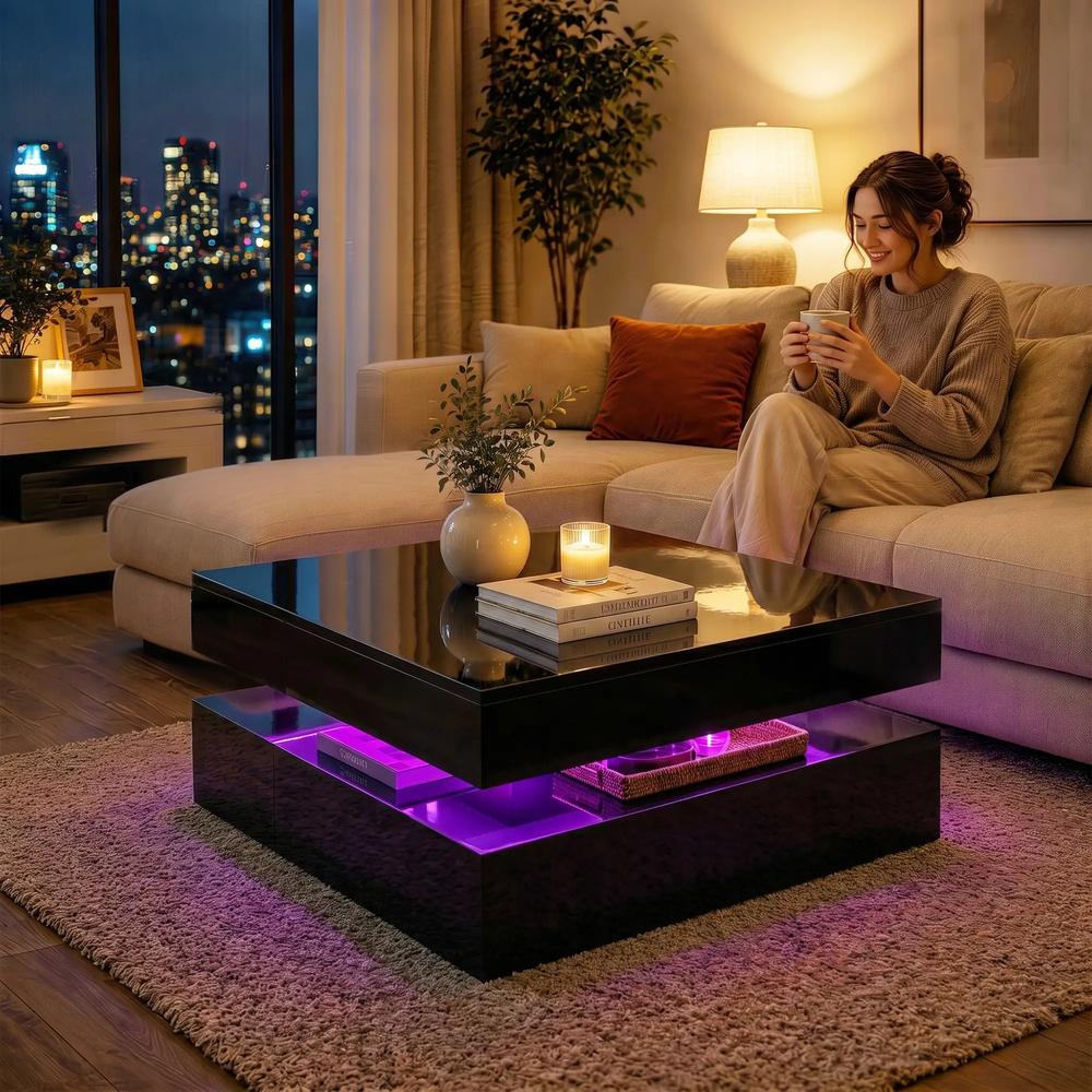 HOMCOM LED Coffee Table with Storage, 2-Tier Modern Centre Table with Open Shelf and Remote for Living Room Additional View 24