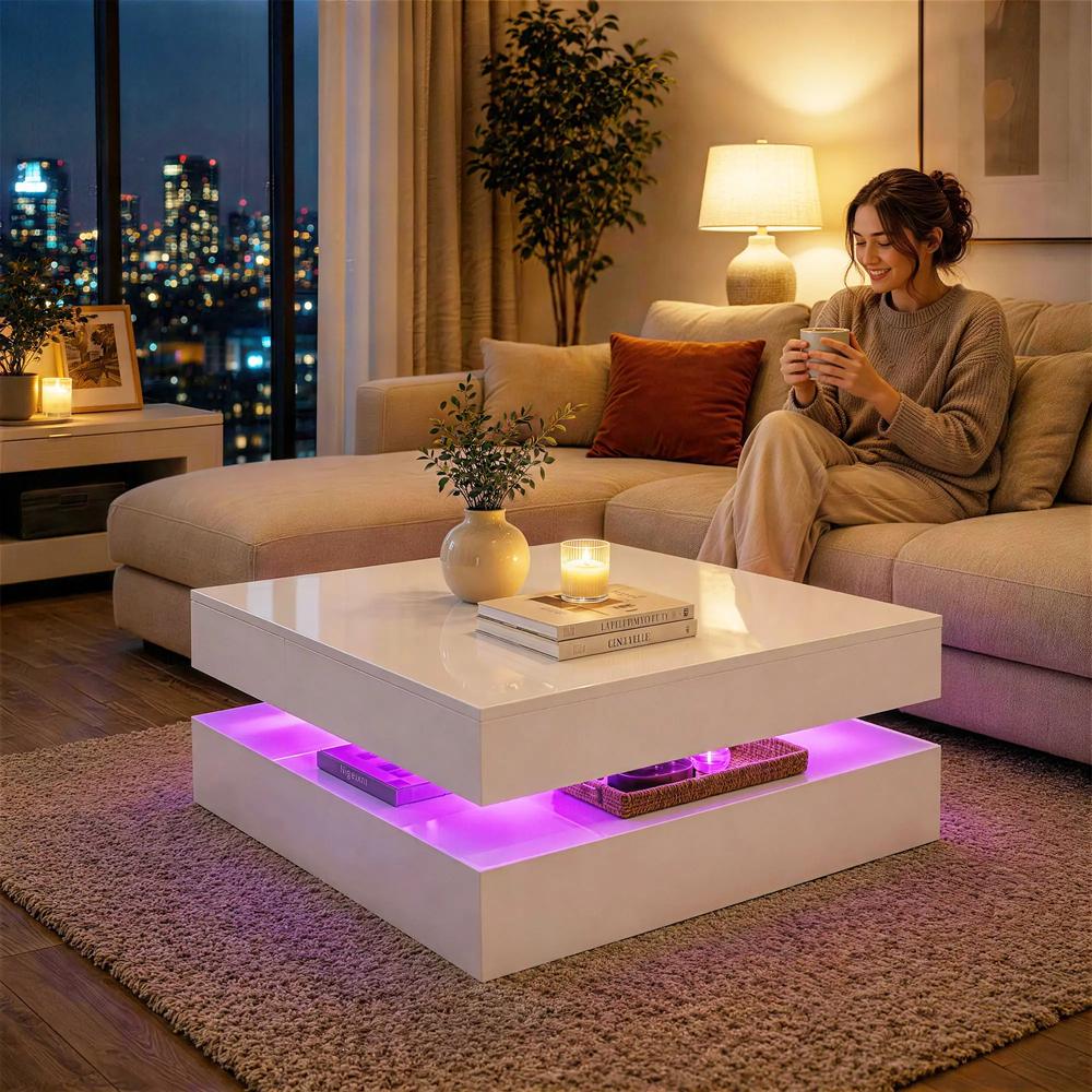 HOMCOM LED Coffee Table with Storage, 2-Tier Modern Centre Table with Open Shelf and Remote for Living Room Additional View 9