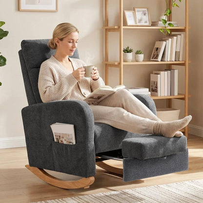 HOMCOM Upholstered Rocking Chair Retractable Footrest Rocker Chair High Back for Living Room Grey Additional View 2