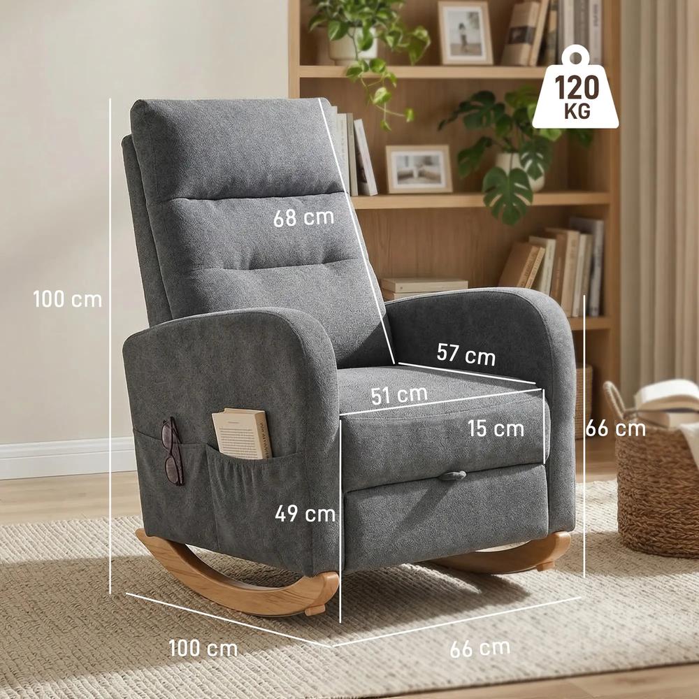 HOMCOM Upholstered Rocking Chair Retractable Footrest Rocker Chair High Back for Living Room Grey Additional View 3