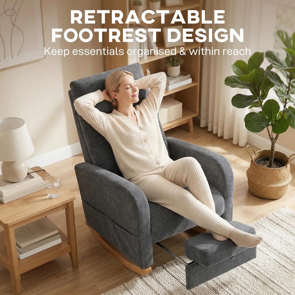 HOMCOM Upholstered Rocking Chair Retractable Footrest Rocker Chair High Back for Living Room Grey Additional View 4
