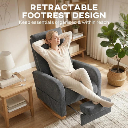 HOMCOM Upholstered Rocking Chair Retractable Footrest Rocker Chair High Back for Living Room Grey Additional View 4