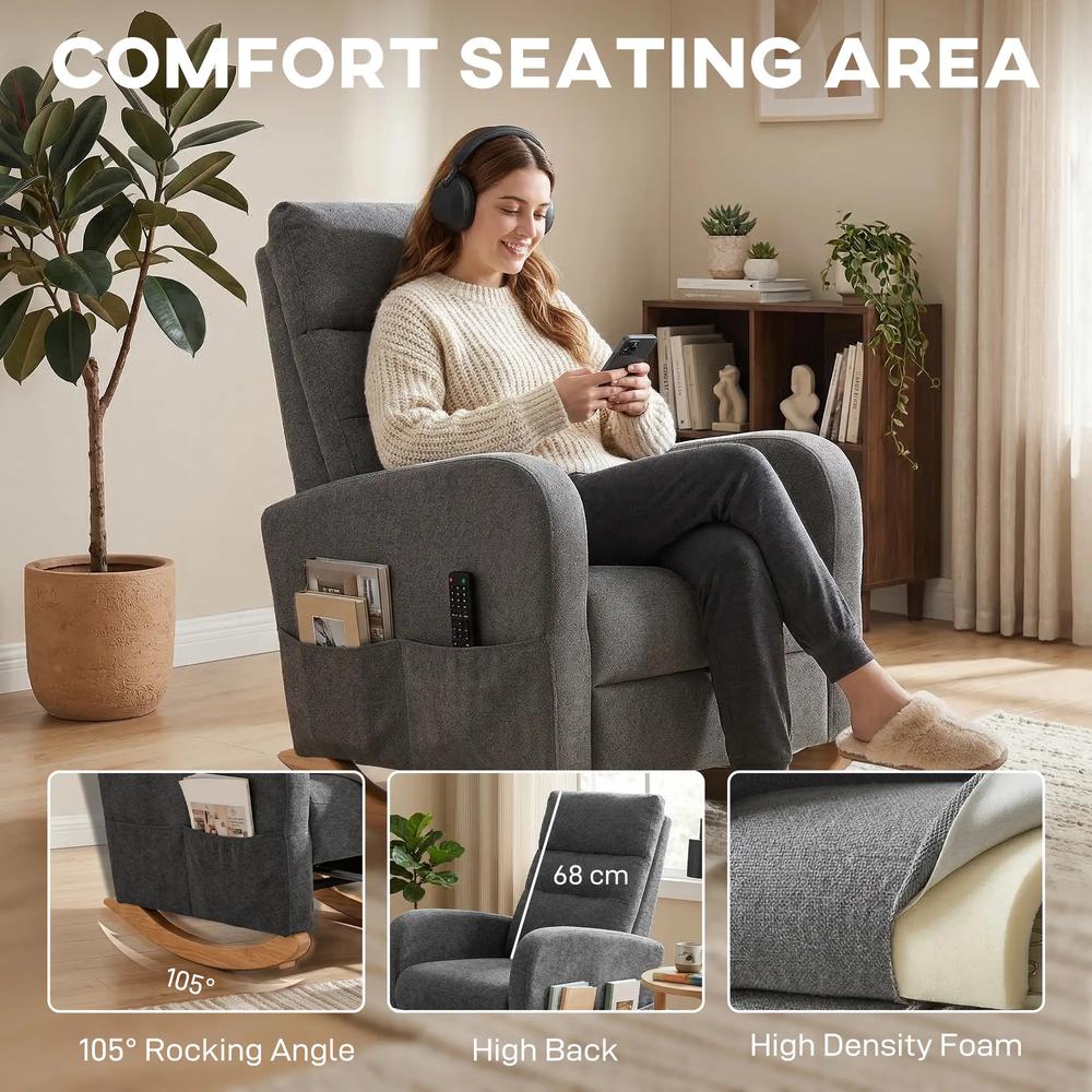 HOMCOM Upholstered Rocking Chair Retractable Footrest Rocker Chair High Back for Living Room Grey Additional View 5