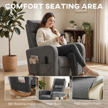 HOMCOM Upholstered Rocking Chair Retractable Footrest Rocker Chair High Back for Living Room Grey Additional View 5