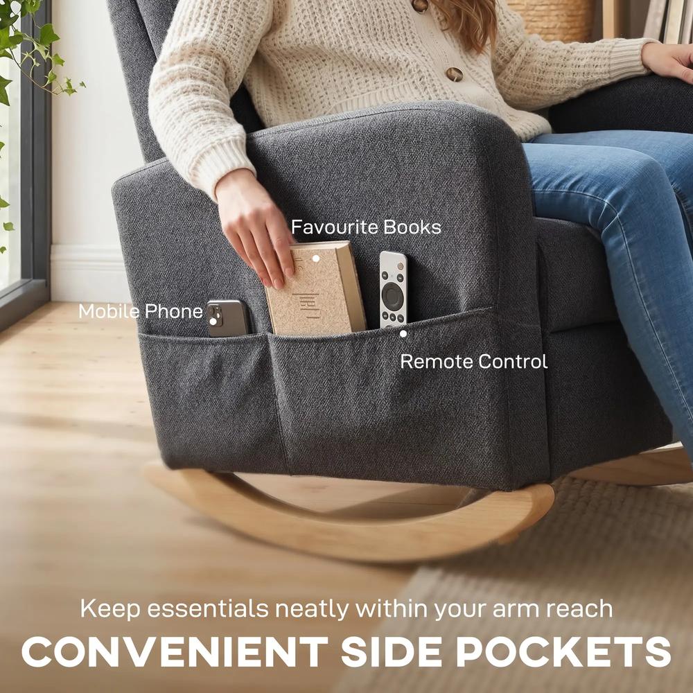 HOMCOM Upholstered Rocking Chair Retractable Footrest Rocker Chair High Back for Living Room Grey Additional View 8
