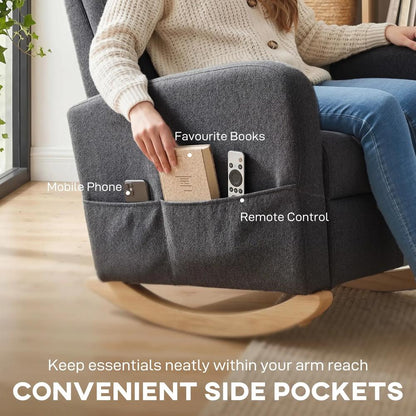 HOMCOM Upholstered Rocking Chair Retractable Footrest Rocker Chair High Back for Living Room Grey Additional View 8