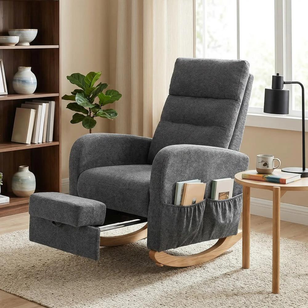HOMCOM Upholstered Rocking Chair Retractable Footrest Rocker Chair High Back for Living Room Grey Additional View 10