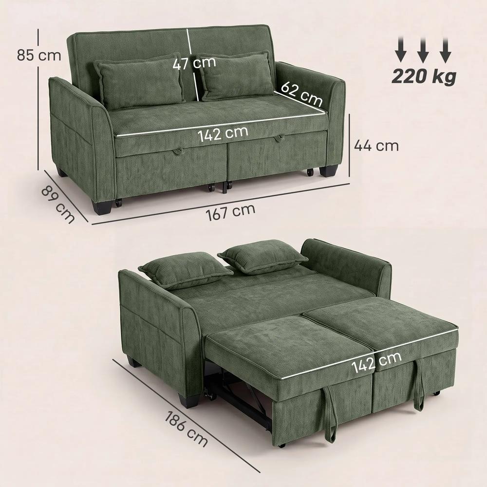 HOMCOM 2 Seater Sofa Bed, 4-in-1 L-Shaped Convertible Pull-Out Sleeper Sofa with Adjustable Backrest Side Pockets Additional View 3