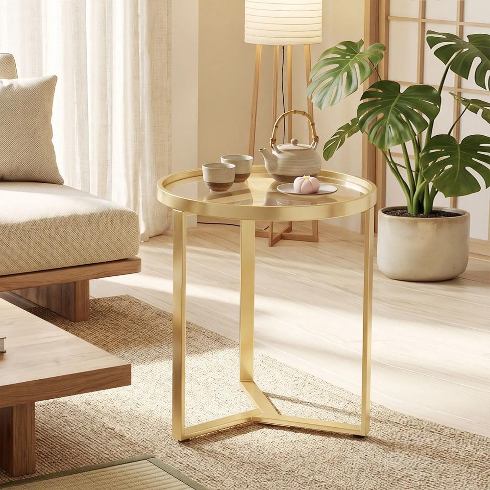 HOMCOM Round Side Table with Tempered Glass Top and Geometric Metal Frame for Small Space Additional View 14