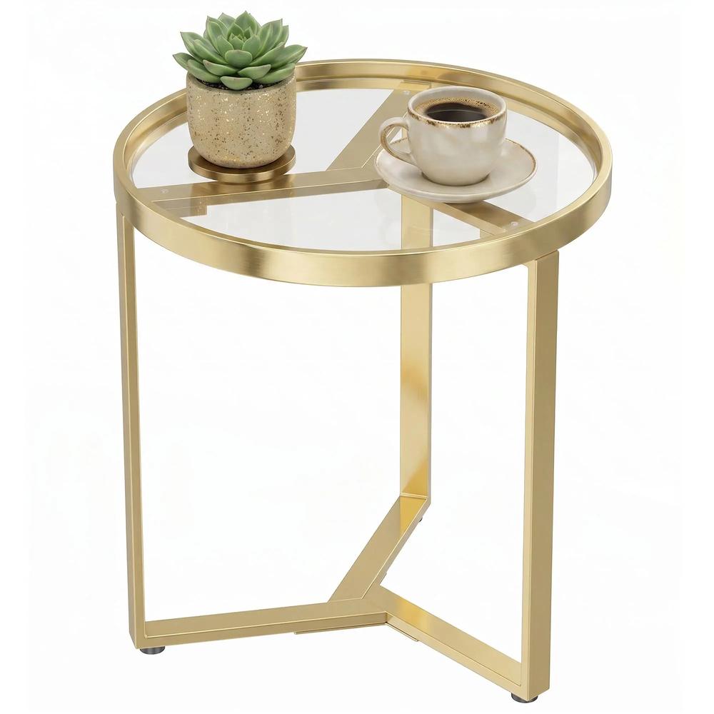 HOMCOM Round Side Table with Tempered Glass Top and Geometric Metal Frame for Small Space Additional View 15