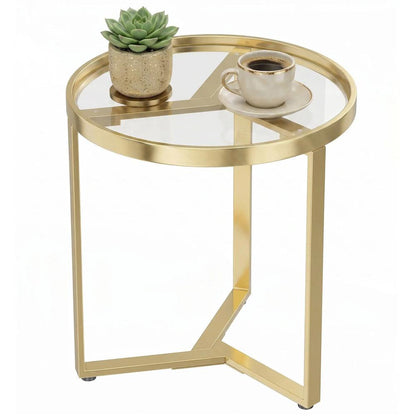 HOMCOM Round Side Table with Tempered Glass Top and Geometric Metal Frame for Small Space Additional View 15